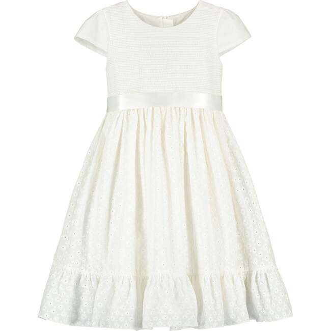 Clara Smocked Floral Embroidered Cotton Girls Occasion Dress, White - Dresses - 1