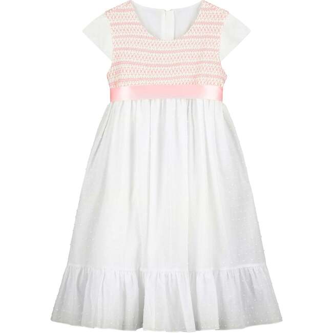 Poppy Cotton Embroidered Smocked Dress, Pink & White