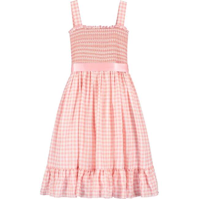 Ava Smocked & Embroidered Gingham Check Girls Party Dress, Pink