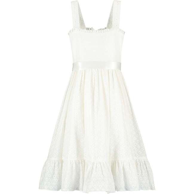 Ava Smocked Embroidered Cotton Girls Occasion Dress, White - Dresses - 1
