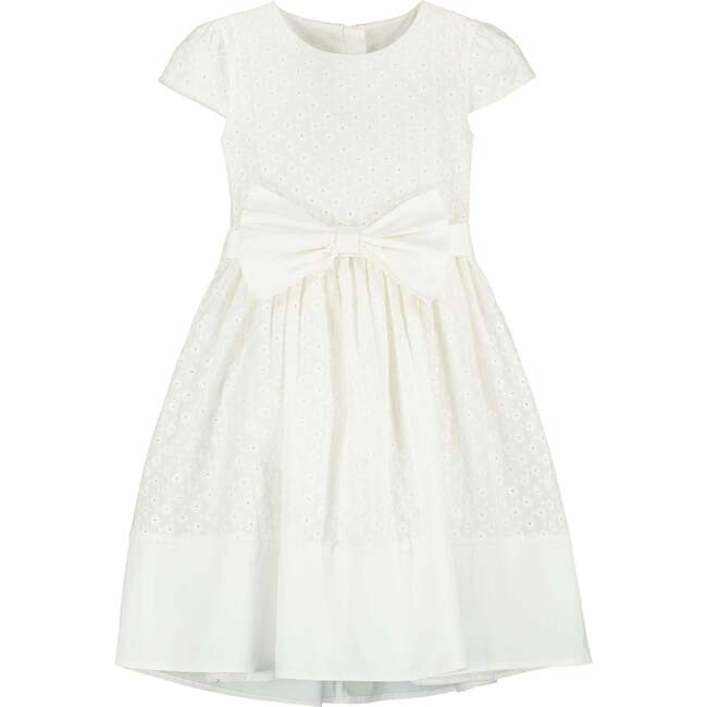 Florence Embroidered Cotton Bow Girls Occasion Dress, White - Dresses - 1