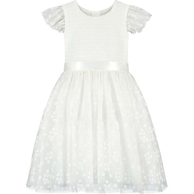 Confetti Smocked Blossom Tulle Girls Occasion Dress, White