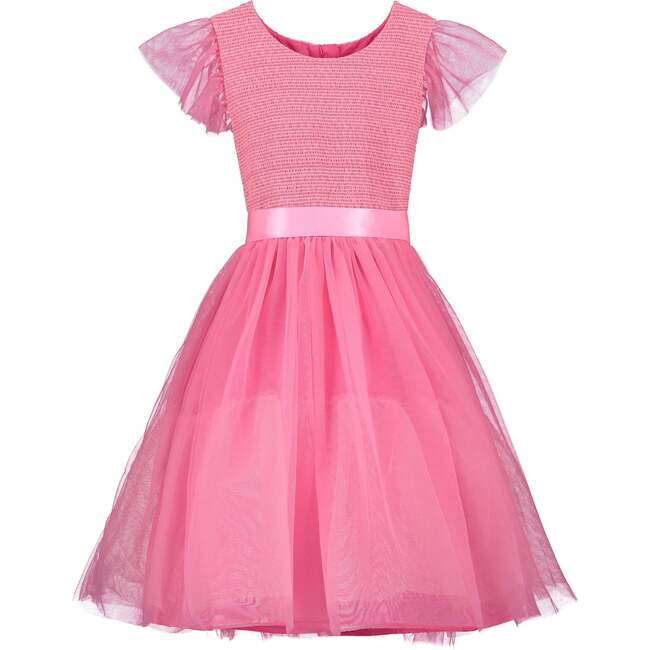 Confetti Embroidered Smocked Tulle Girls Party Dress, Candy Pink - Dresses - 1