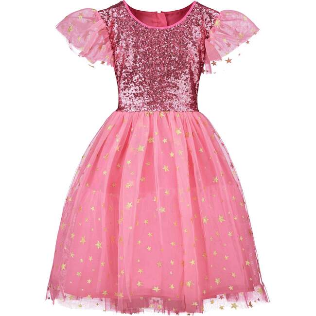 Shimmer Sequin Star Tulle Girls Party Dress, Candy Pink