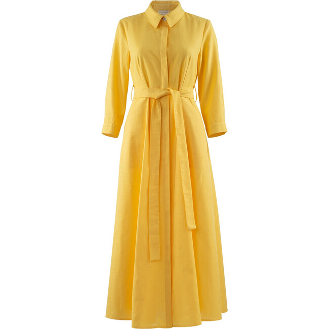 Women's Linen Shirt Dress, Yellow - Dresses - 1