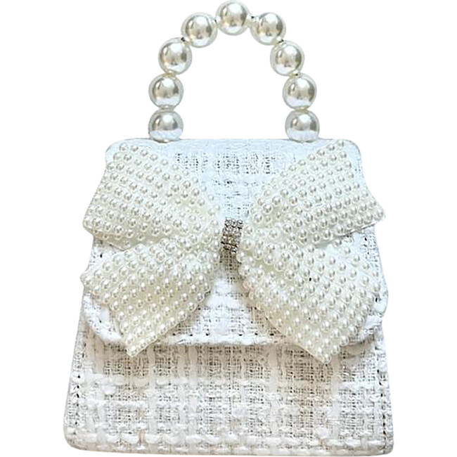 Tea Party Purse With Tweed Pearly Bow, White