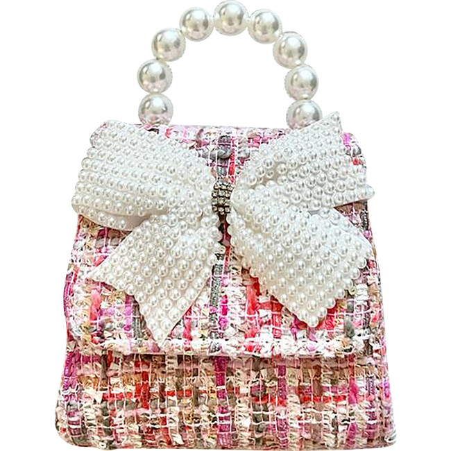 Tea Party Purse With Tweed Pearly Bow, Hot Pink - Bags - 1