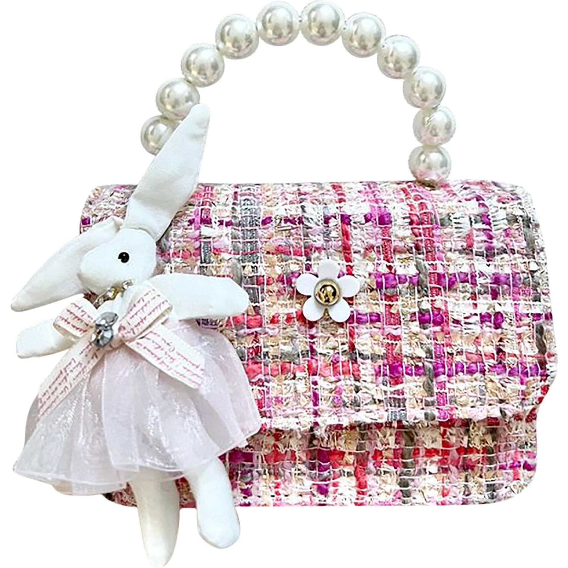 Tweed City Purse With Rabbit, Hot Pink - Bags - 1