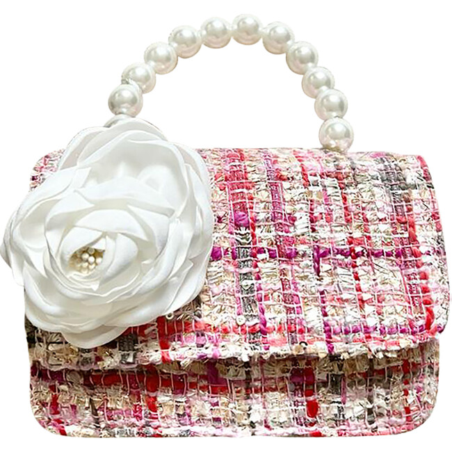 Tweed Ivory Peony City Bag, Hot Pink