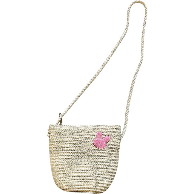 Straw Bag With Shiny Rabbit Patch, Pink