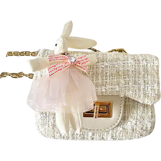 Skirted Little Lady Tweed Purse with Bunny, Off-White