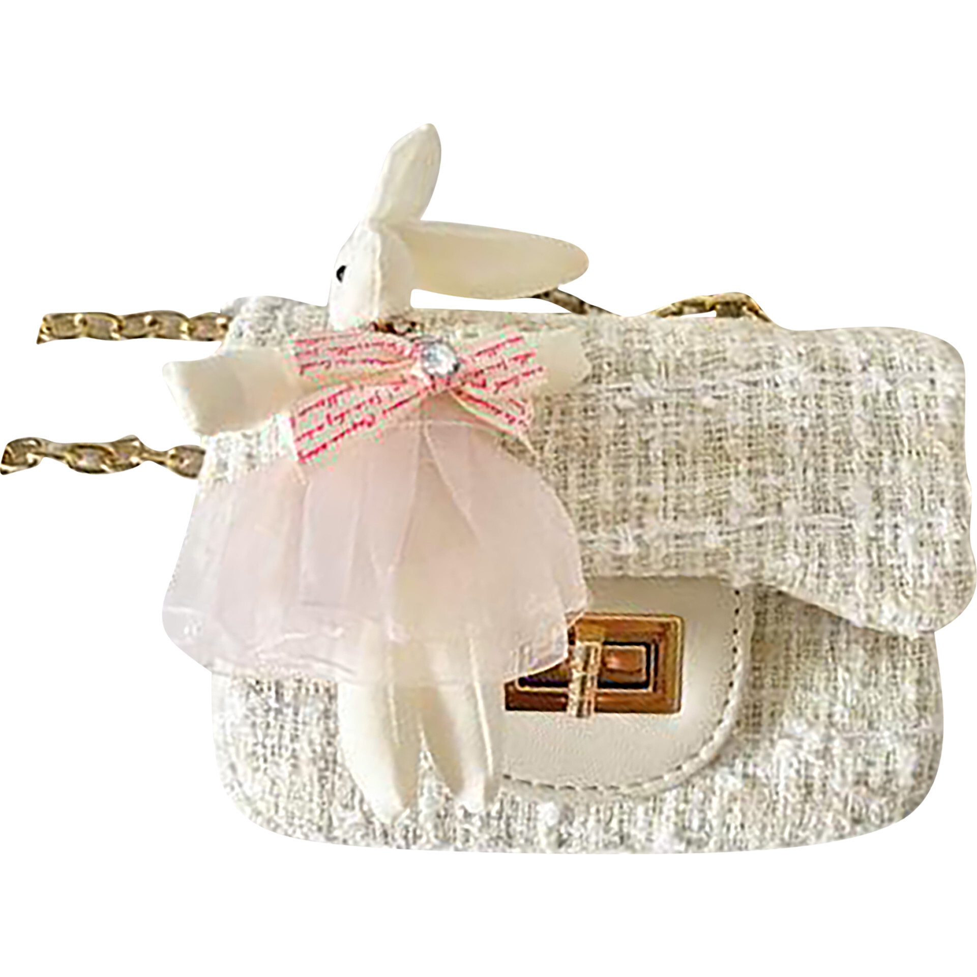 Skirted Little Lady Tweed Purse with Bunny, Off-White - Bags - 1