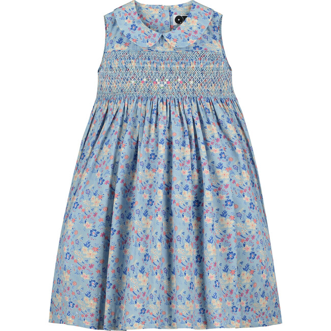 Maui Smocked Girls Dress, Blue Print - Dresses - 1