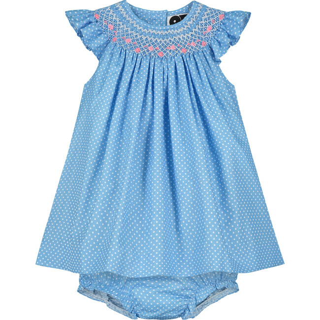 Summer Smocked Baby Dress, Blue Polka Dot