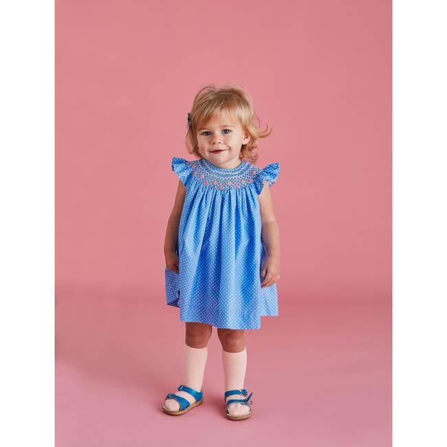 Summer Smocked Baby Dress, Blue Polka Dot