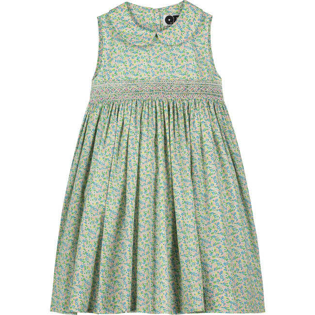 Frances Smocked Girls Dress, Green Blue Floral