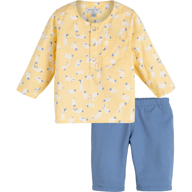 Baby Fitz Collarless Shirt & Pant Set, Yellow Bunnies Shirt & Blue Pants