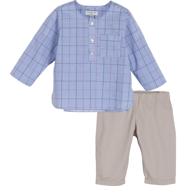 Baby Fitz Collarless Shirt & Pant Set, Blue Plaid Shirt & Grey Pants
