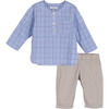 Baby Fitz Collarless Shirt & Pant Set, Blue Plaid Shirt & Grey Pants - Mixed Apparel Set - 1 - thumbnail