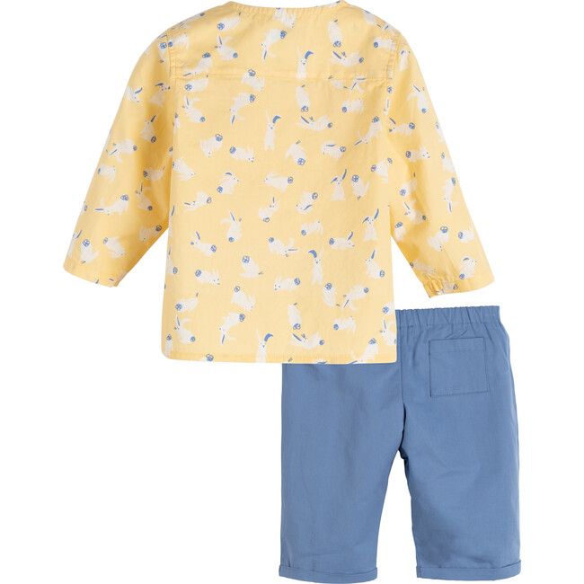 Baby Fitz Collarless Shirt & Pant Set, Yellow Bunnies Shirt & Blue Pants - Mixed Apparel Set - 3