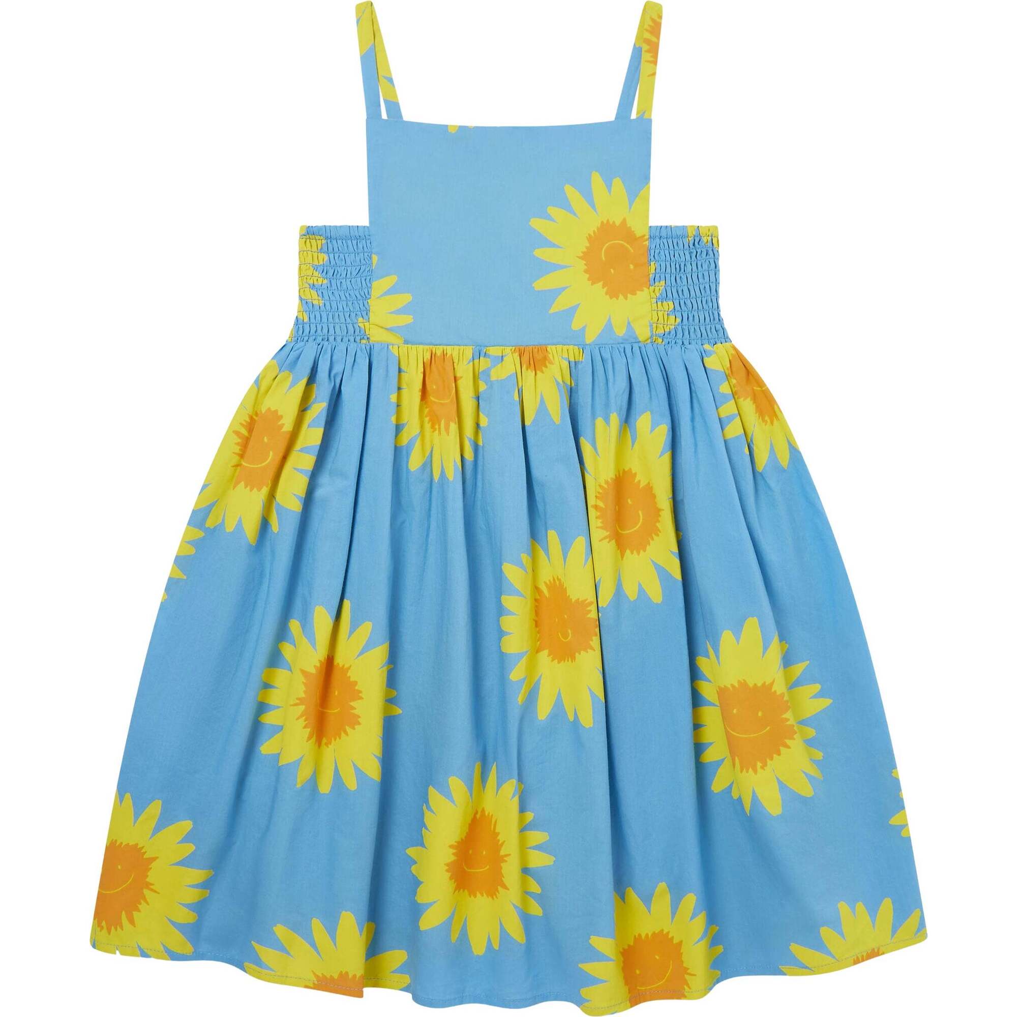 Sunflower Print Cotton Dress, Blue - Dresses - 1