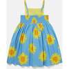 Sunflower Print Cotton Dress, Blue - Dresses - 3