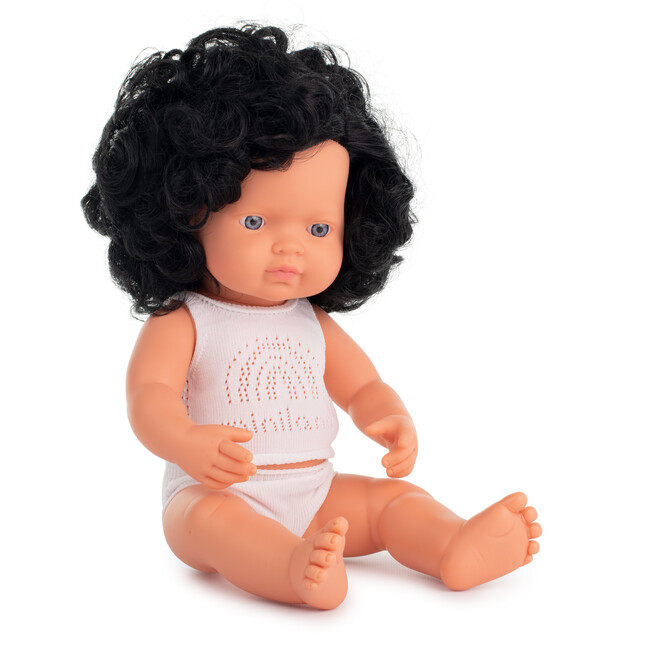 15" Baby Doll Caucasian Curly Black Hair Girl