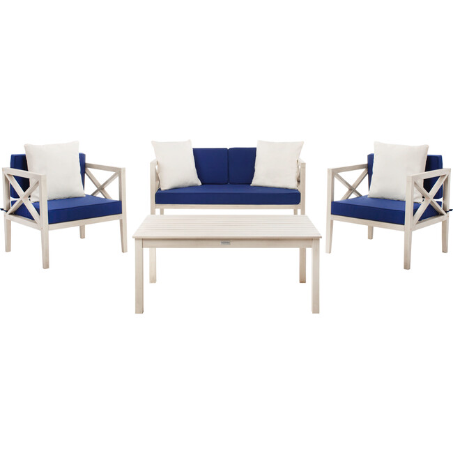 Nunzio 4-Piece Outdoor Set with Accent Pillows, White/Blue
