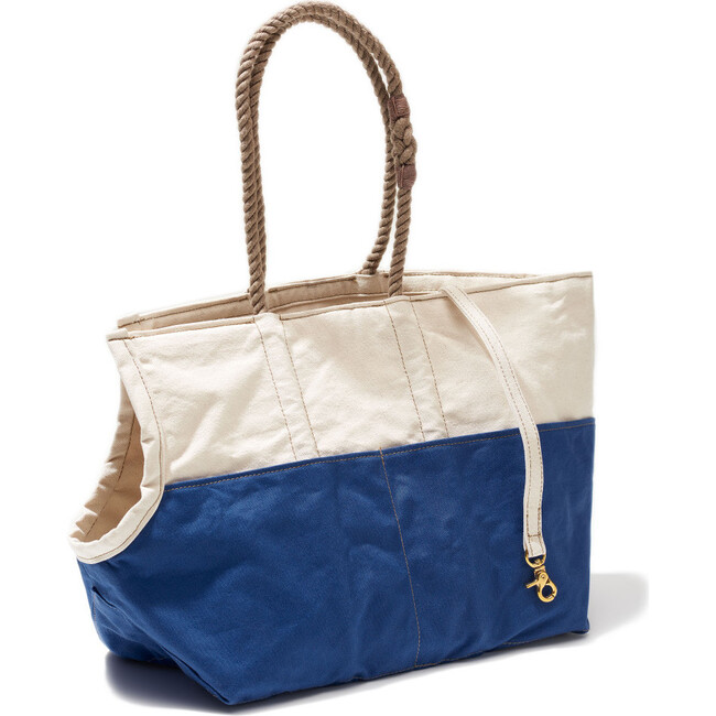 Waxed Cotton Canvas Dog Tote, Natural And Blue