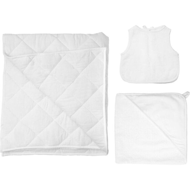 White Linen Playmat, Apron Bib & Hooded Towel