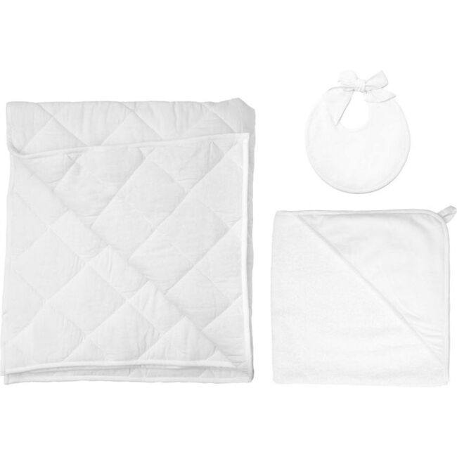 White Linen Playmat, Newborn Bib & Hooded Towel