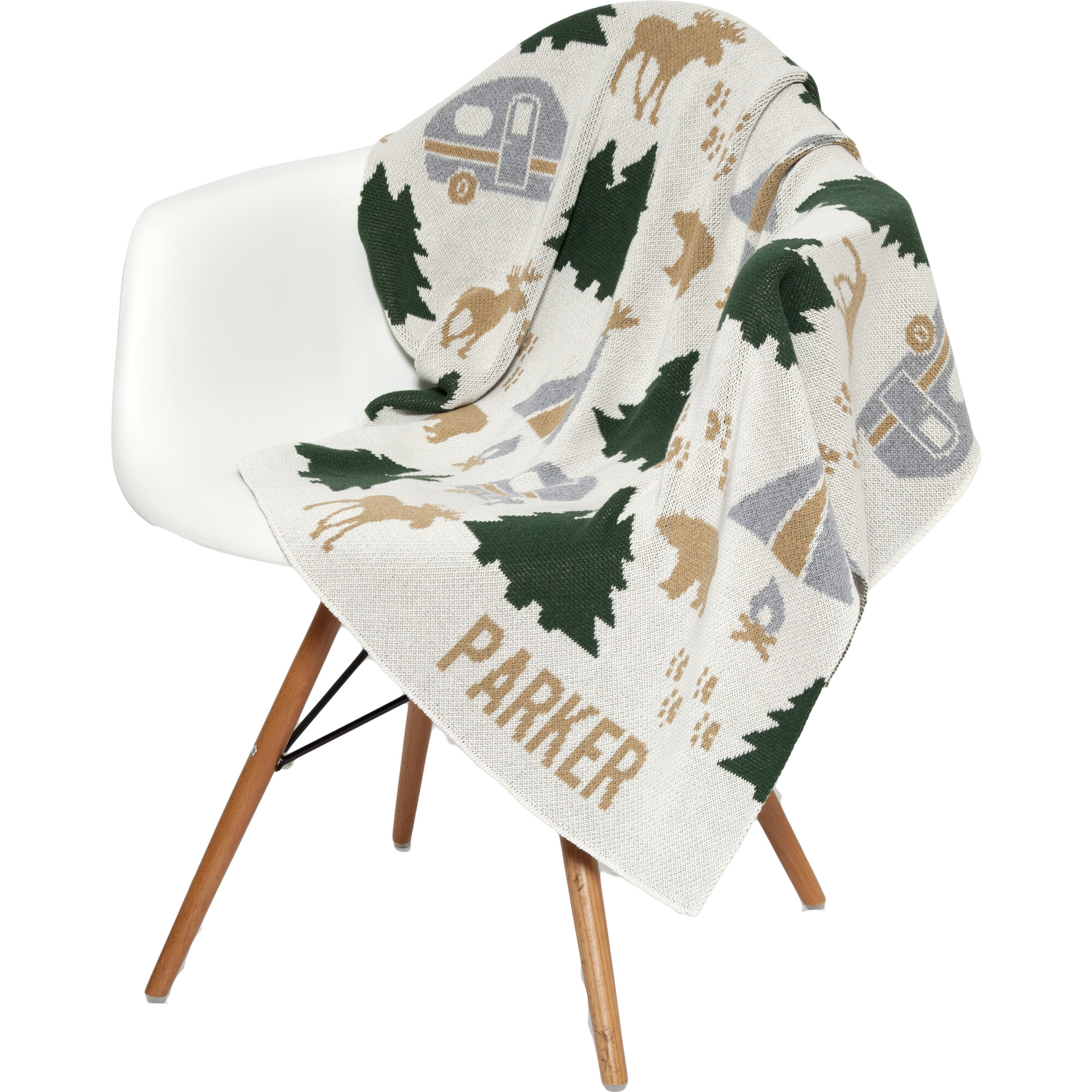 Monogrammed Happy Camper Baby Throw, Aluminum/Oatmeal - Throws - 1
