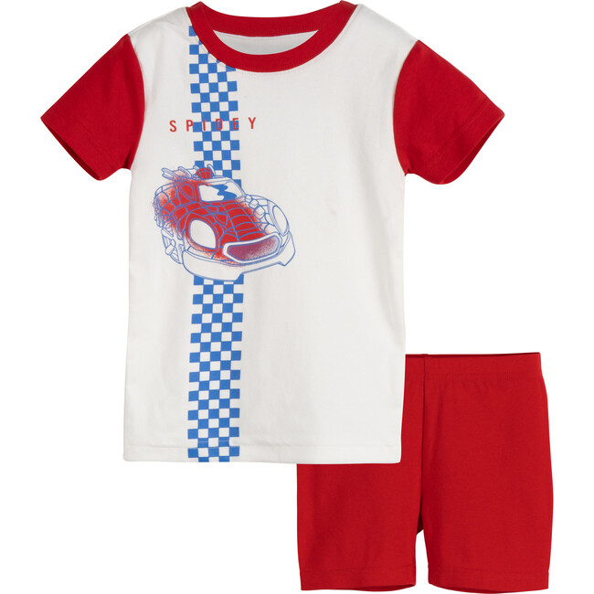 Shortie Pajama Set, Red Blue & White Spidey Car - Pajamas - 1