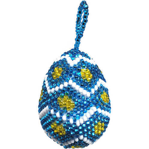 Beaded Easter Egg Ornament, Blue And Yellow