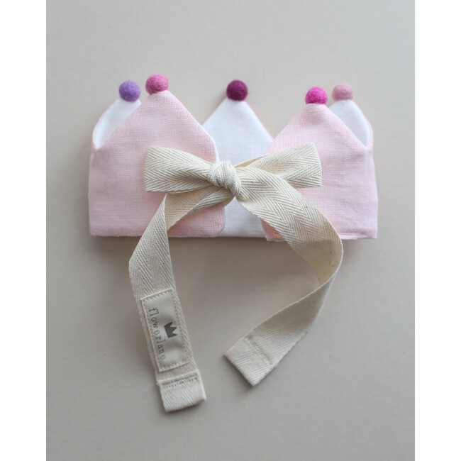 Soft Pink Linen Crown, Multicolored Pom Poms - Hats - 3