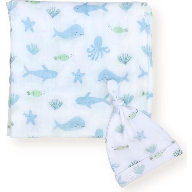 Bamboo Muslin Swaddle Blanket & Topknot Set, Under the Sea - Swaddles - 1 - zoom