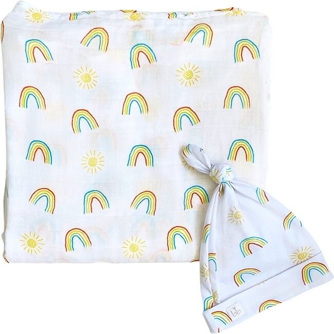 Bamboo Muslin Swaddle Blanket & Topknot Set, Over the Rainbow