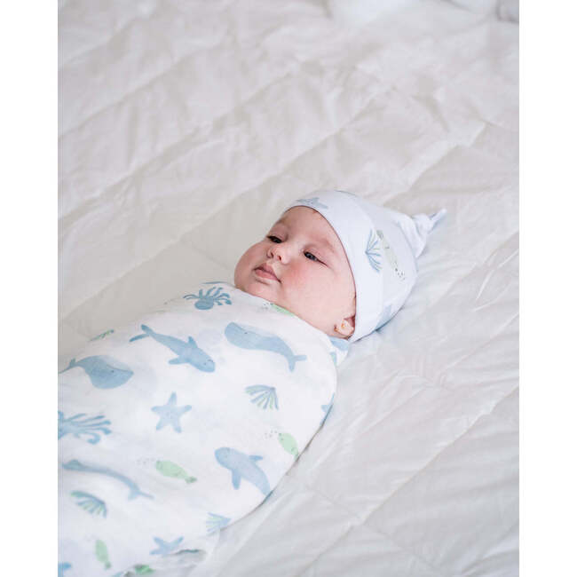 Bamboo Muslin Swaddle Blanket & Topknot Set, Under the Sea