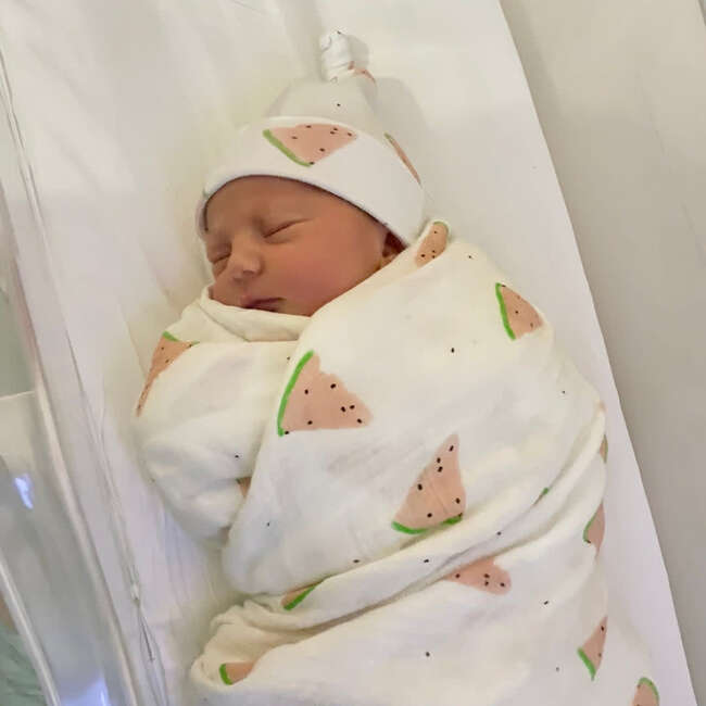 Bamboo Muslin Swaddle Blanket & Topknot Set, Watermelon