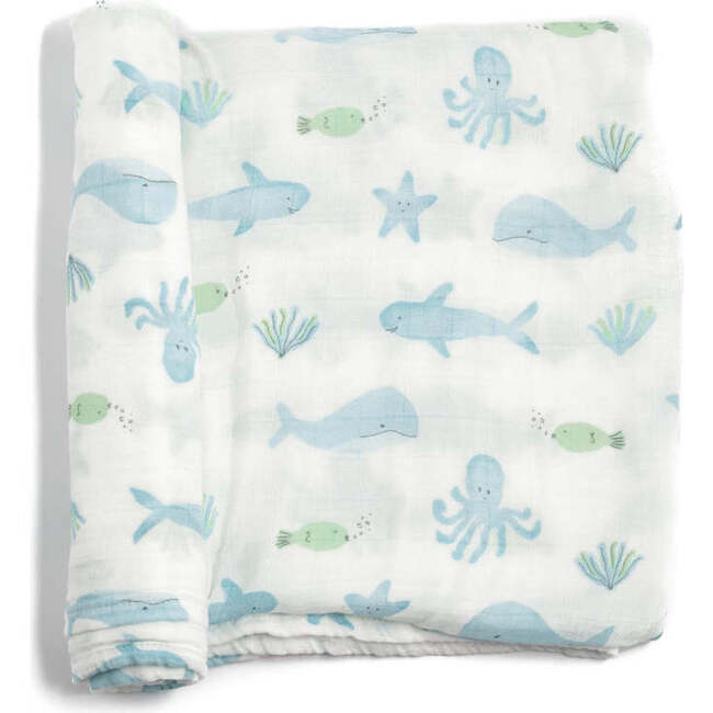 Bamboo Muslin Swaddle Blanket & Topknot Set, Under the Sea - Swaddles - 3