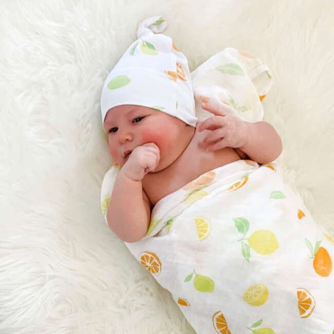 Bamboo Muslin Swaddle Blanket & Topknot Set, Main Squeeze