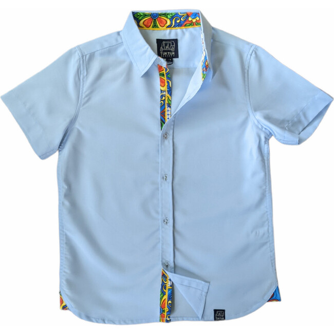 Short Sleeve Shirt, Blue with Majolica Trim