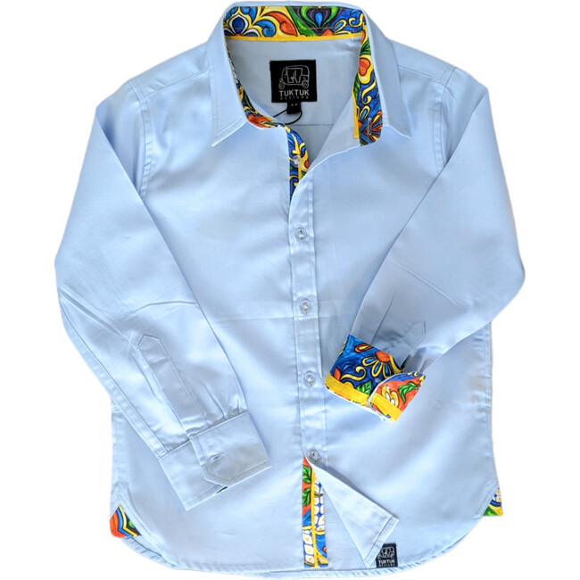 Long Sleeve Shirt, Blue with Majolica trim - Shirts - 1
