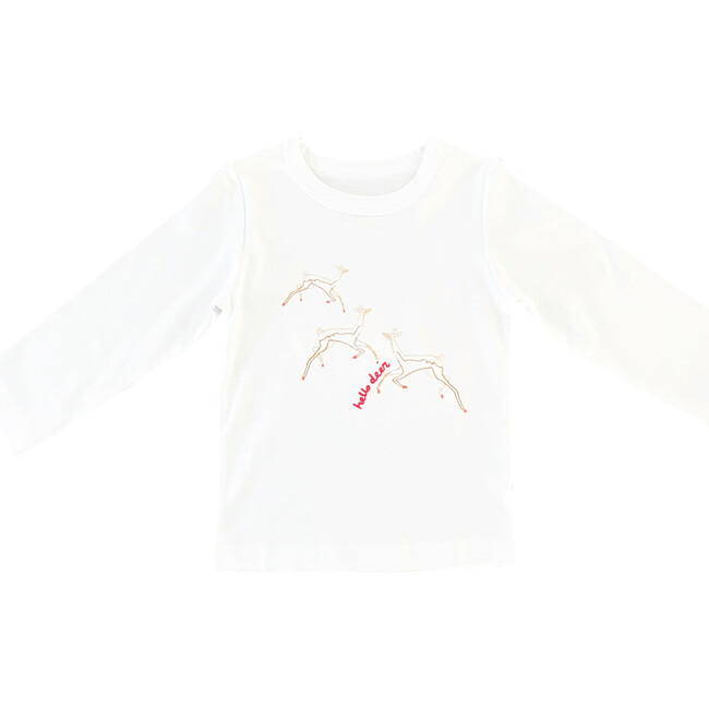 Embroidered and Print "Hello Deer" T-Shirt, White - Tees - 1