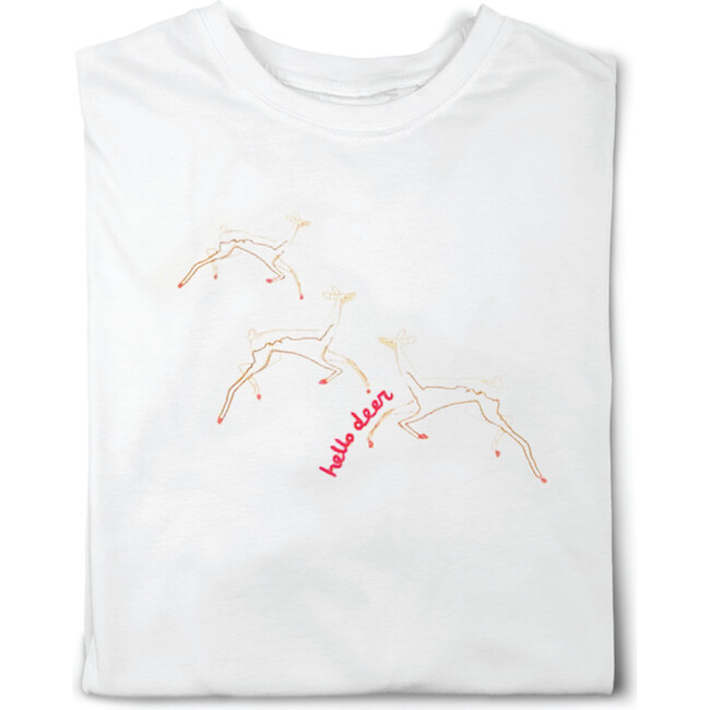 Embroidered and Print "Hello Deer" T-Shirt, White