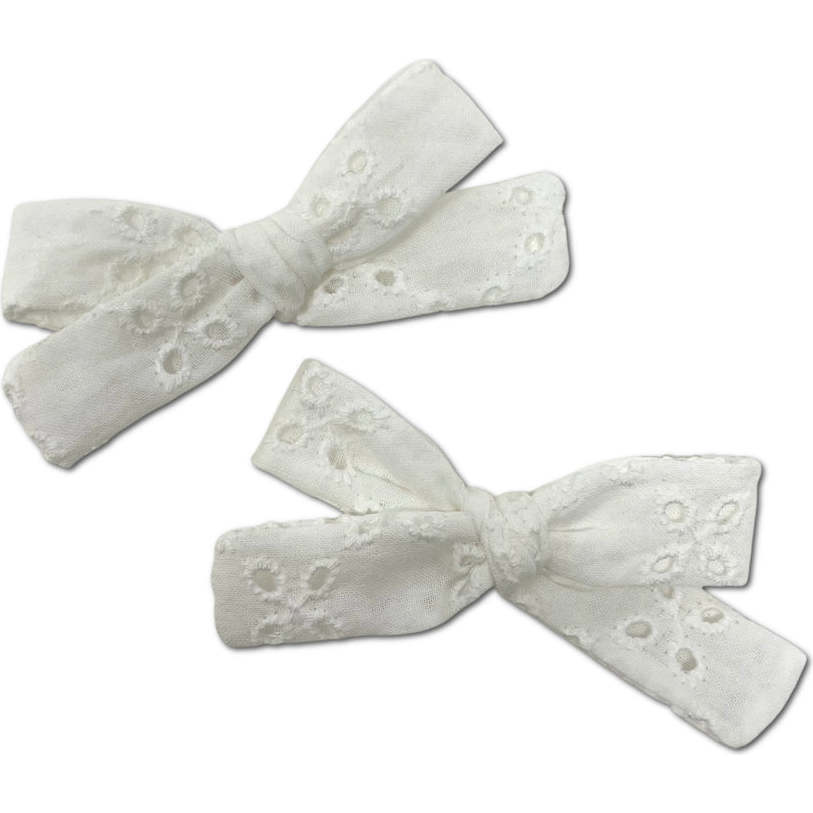 Skinny Ribbon Pigtail Bows, White Eyelet - Hair Accessories - 1