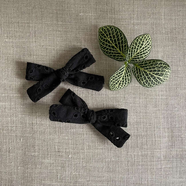 Skinny Ribbon Pigtail Bows, Black Eyelet - Hair Accessories - 3