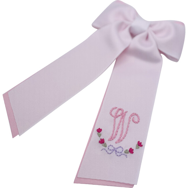Wreath Script Initial Basket Bow, White And Pink - Hair Accessories - 1