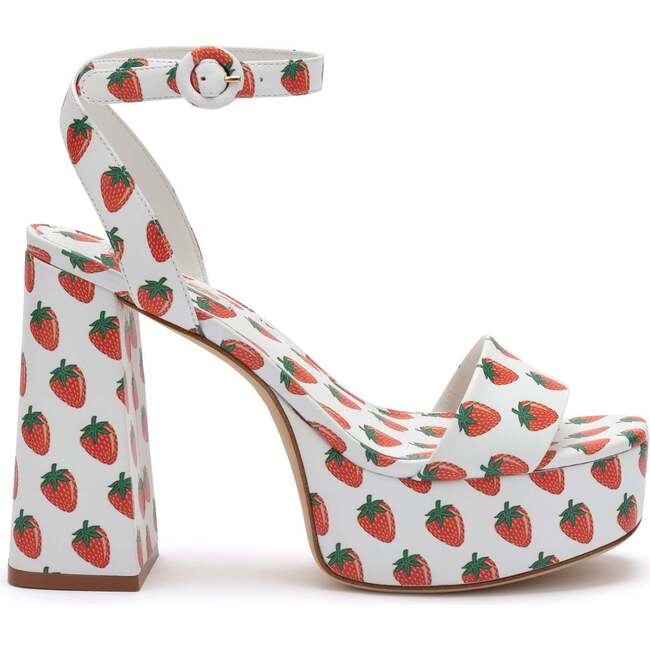 Women's Dolly Sandal, White and Strawberry Print Leather