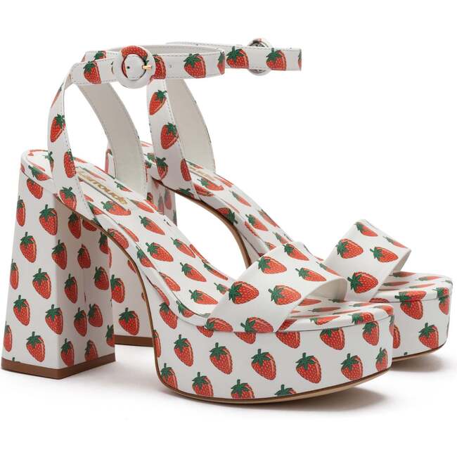 Women's Dolly Sandal, White and Strawberry Print Leather